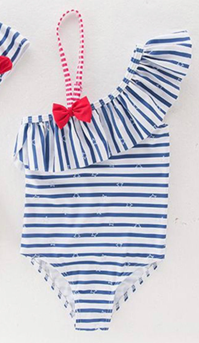 Toddler Skew Collar Striped Swimsuit 2 Pcs